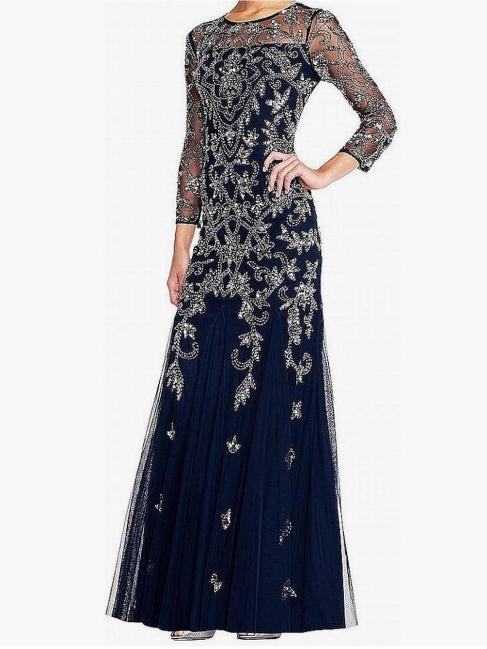 Adrianna Papell Navy Beaded Mesh Maxi Gown